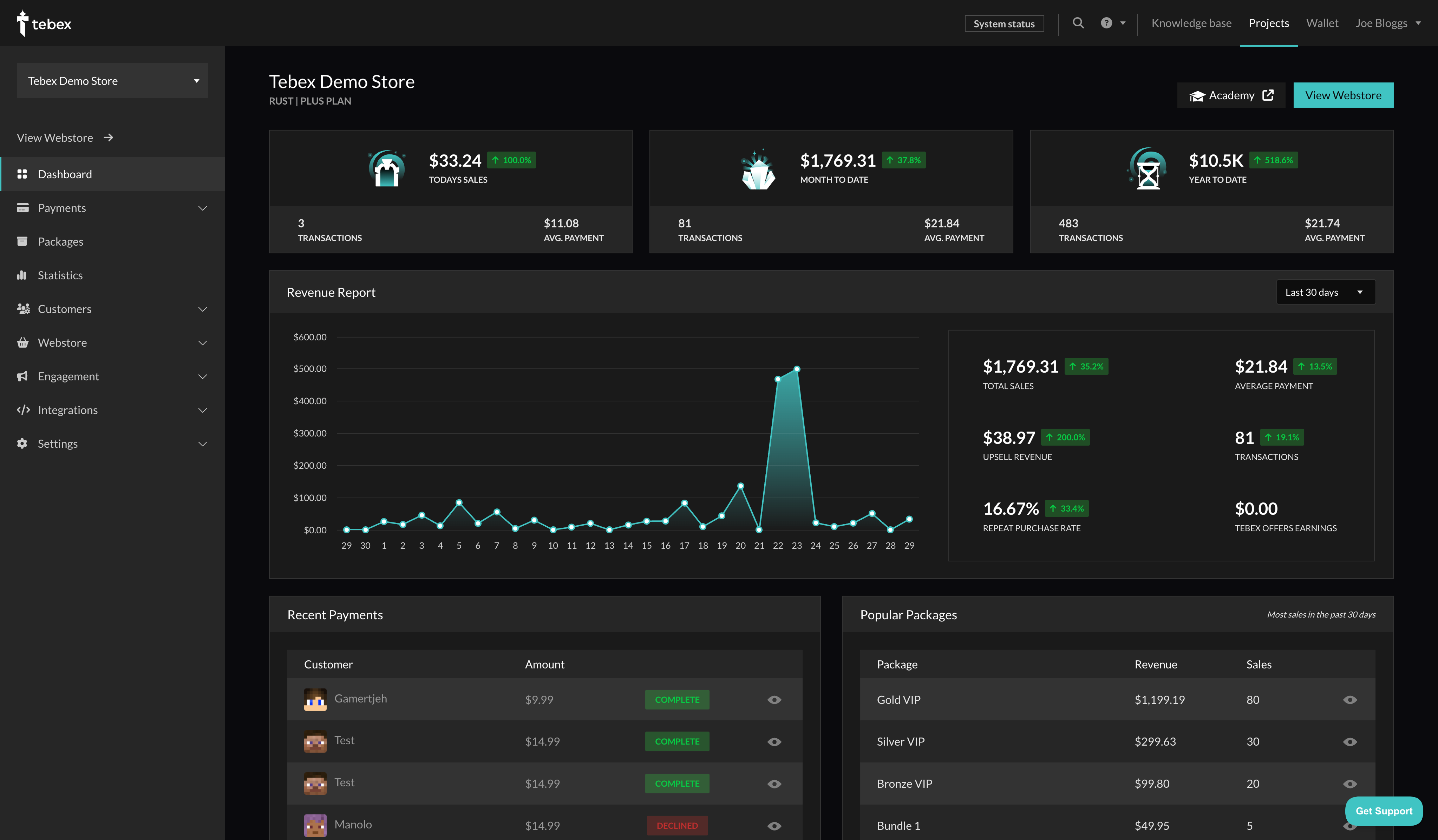 Tebex Store Panel dashboard
