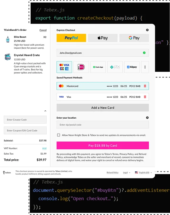 Embedded Tebex checkout UI within developer website